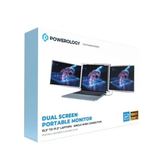 Powerology Dual Screen Portable Monitor 13.3" To 17.3" Laptops Single Wire Connection - Silver
